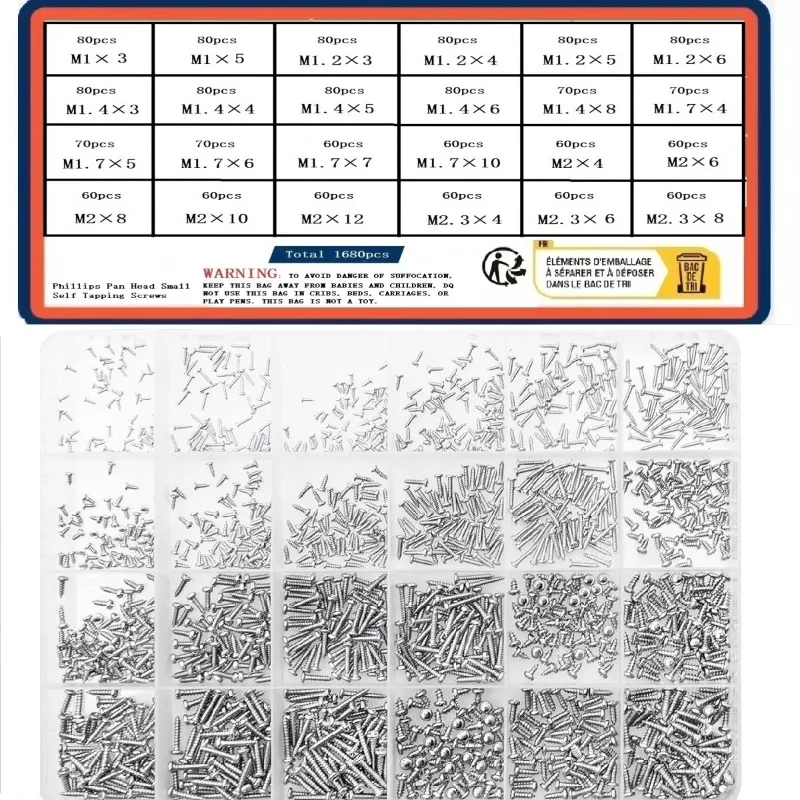 For 1680PCS/box, mini self-tapping screw set (M1 -- M2.3) for glasses repair, etc