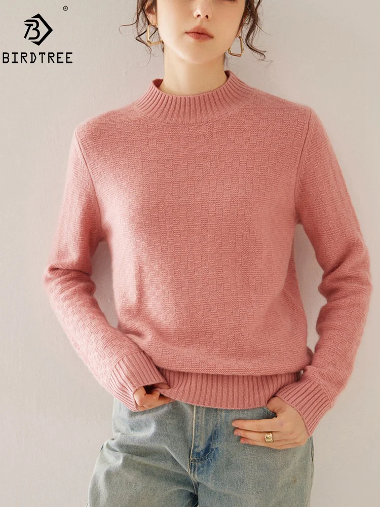 BirdTree, Cashmere Wool Elegant Sweaters, Women Mock Neck Plaid, Fashion Soft Loose Pullover, Autumn Winter New Tops T48580QM