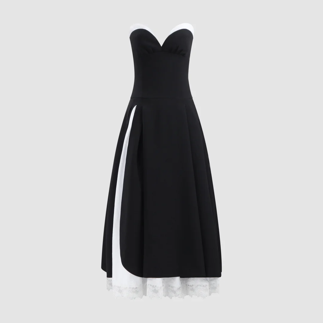 2026 Women's Black & White Strapless Midi Dress | Contrast Lace Hem Formal Cocktail Dress