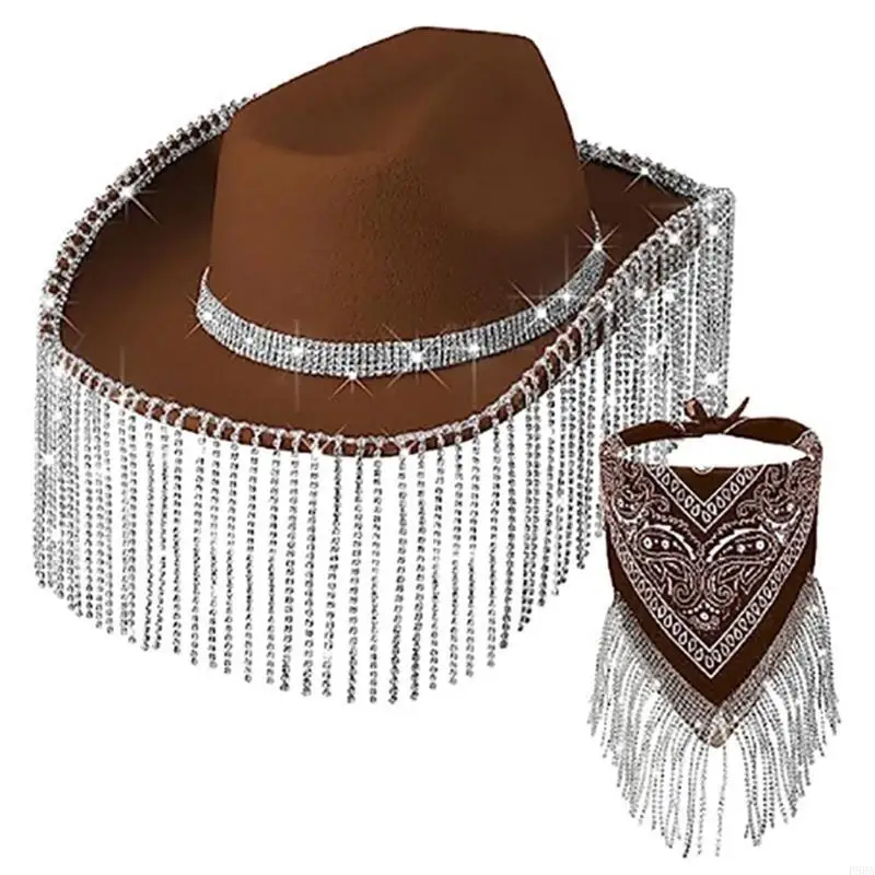 P88A Weatern Cowboy Hat Bandana Set Sequins Women Bandana Tassels Head Scarf Costume