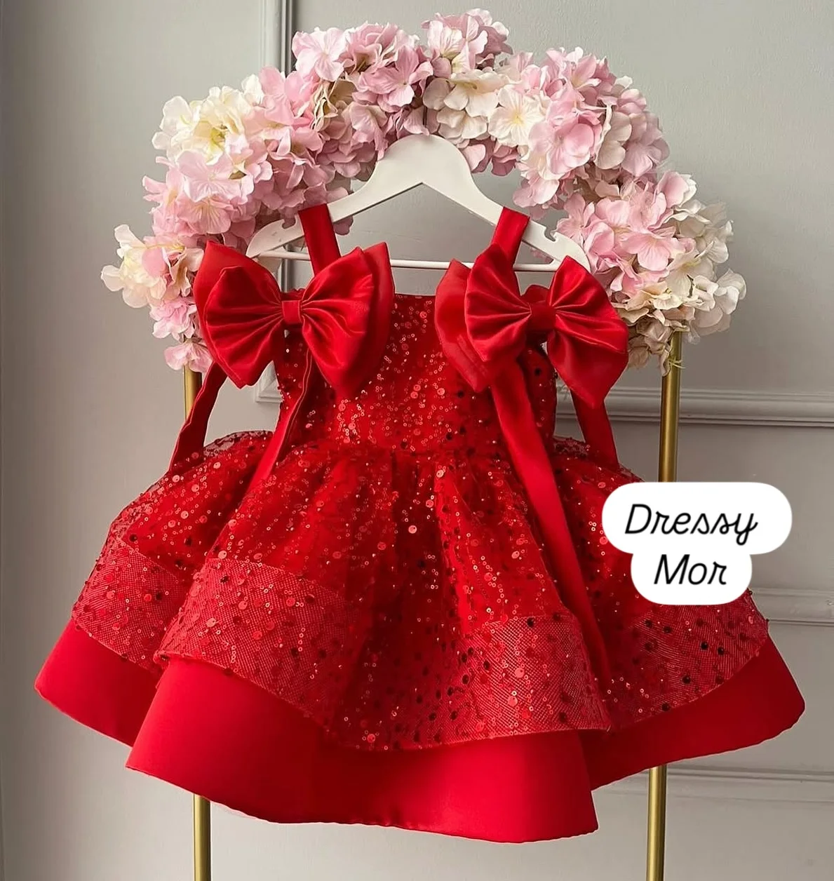 

Jill Wish M006 Red Strapless Flower Girl Dress with Bows Knee Length 1st Birthday Festival Wedding Party Evening Gown for Kids