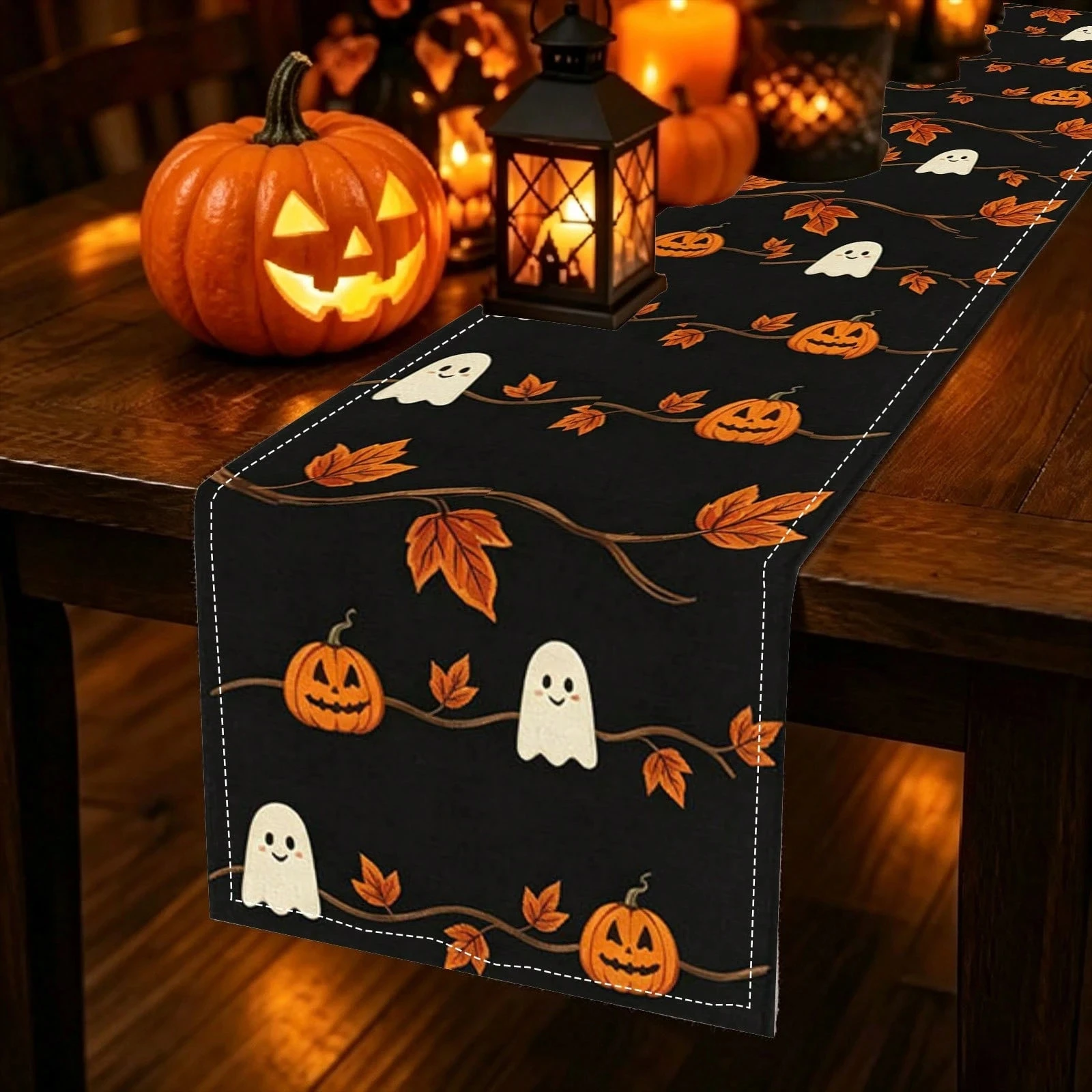 1pc Cute Halloween Pumpkin Ghost Maple Leaf Print Multi‑Size Table Runner for Dining Table Kitchen Living Room Holiday Party Hom