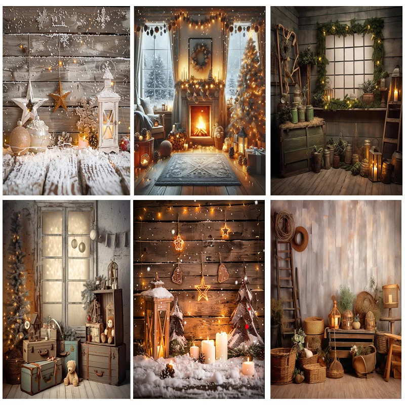 

Vintage Christmas Day Photography Backdrops Prop Fireplace Winter Xmas Tree Decoration Flower Garland Wood Door Background JL-07