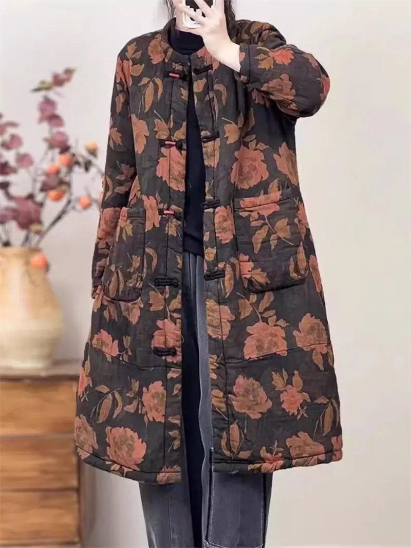 Winter Women Jackets 2024 Chinese Style Retro Plate Buckle Printed Cotton Clothing Medium Long Ethnic Warm Quilted Coat K1851