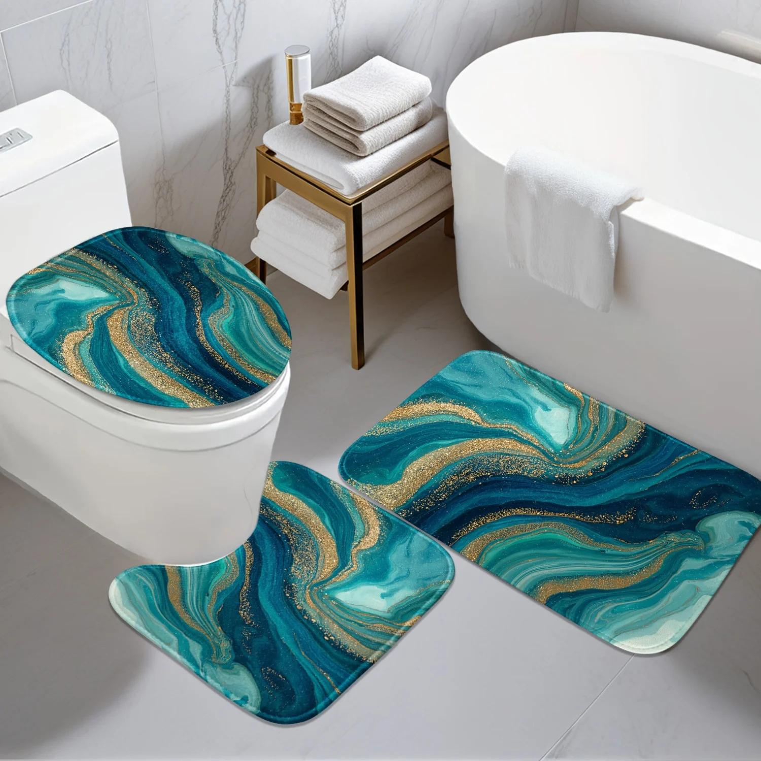 

Bathroom Anti-slip Mat -3pcs Set - Blue And Golden Fluid Art 2D Flat Design Pattern - Digital Printing - Including Anti-slip Mat