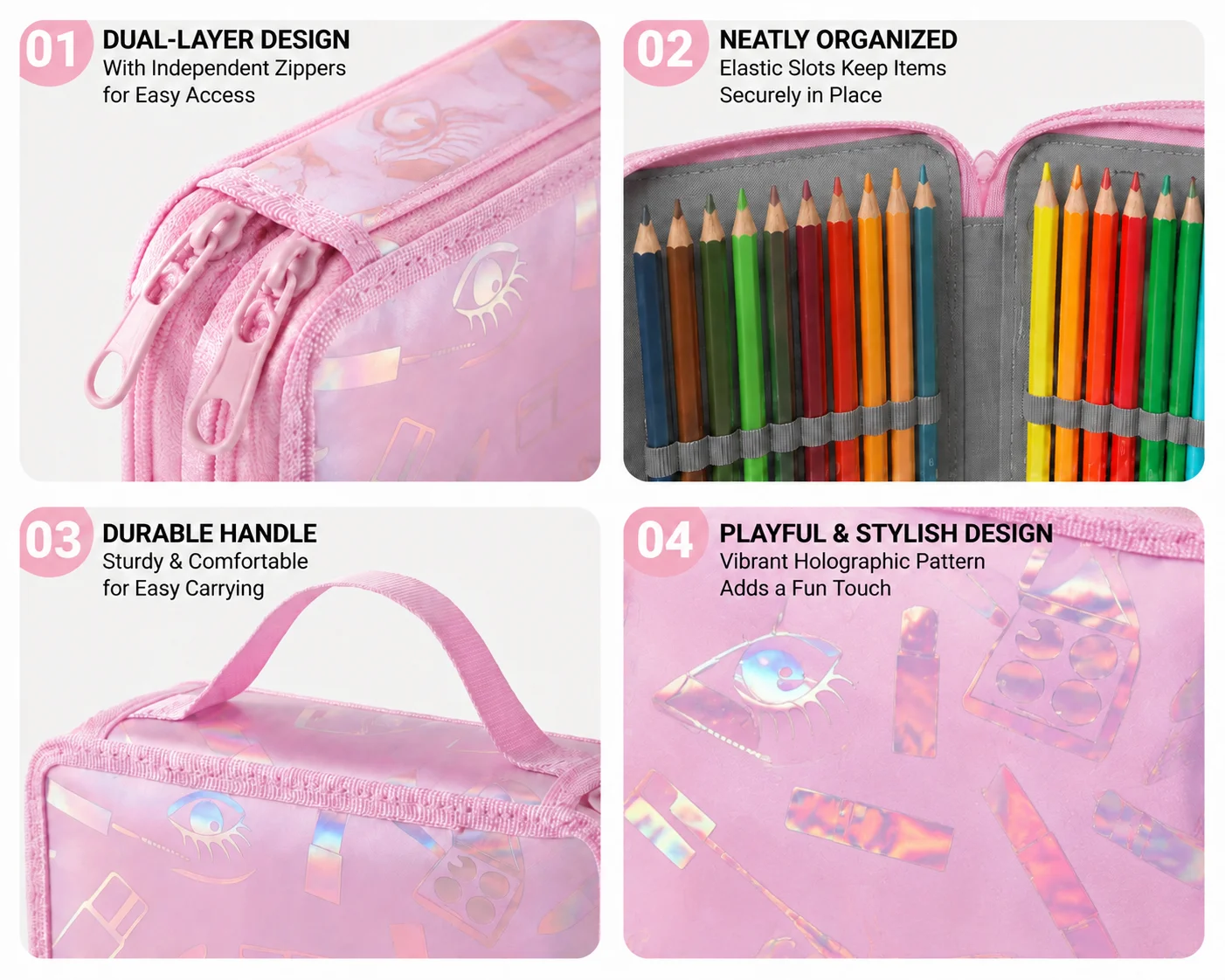 Holographic Pink Makeup Print Double Layer Pencil Case for Girls Large Capacity  Elastic Slots Colored Pencil Organizer 
