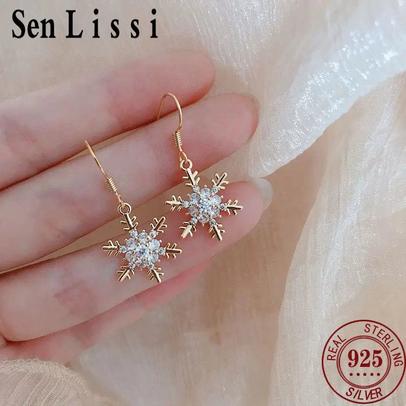 

Senlissi- New 925 Sterling Silver White Snowflake Stud Earrings Cubic Zirconia Jewelry For Women Fashion Christmas Earring Gift