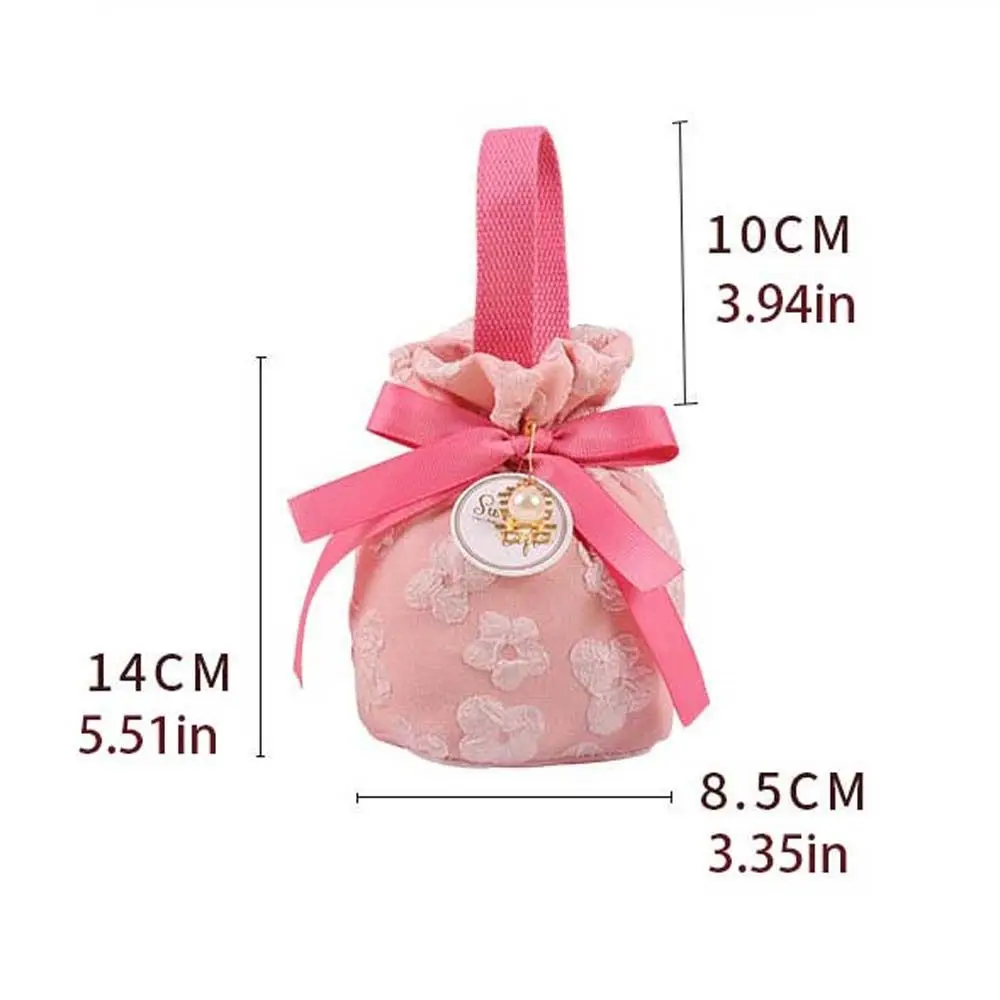 Sakura Canvas Floral Drawstring Bag, Pearl Pendant, Stripe Bowknot Handbag, Saco de armazenamento, Grande capacidade, Ribbon Bow Wrist Bag, Party