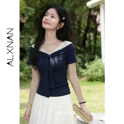 ALXNAN Navy Blue T-shirt Off-shoulder Lace Short Sleeve T-shirts Women Summer New Elegant Slim-fit Casual Female Tops L63992A