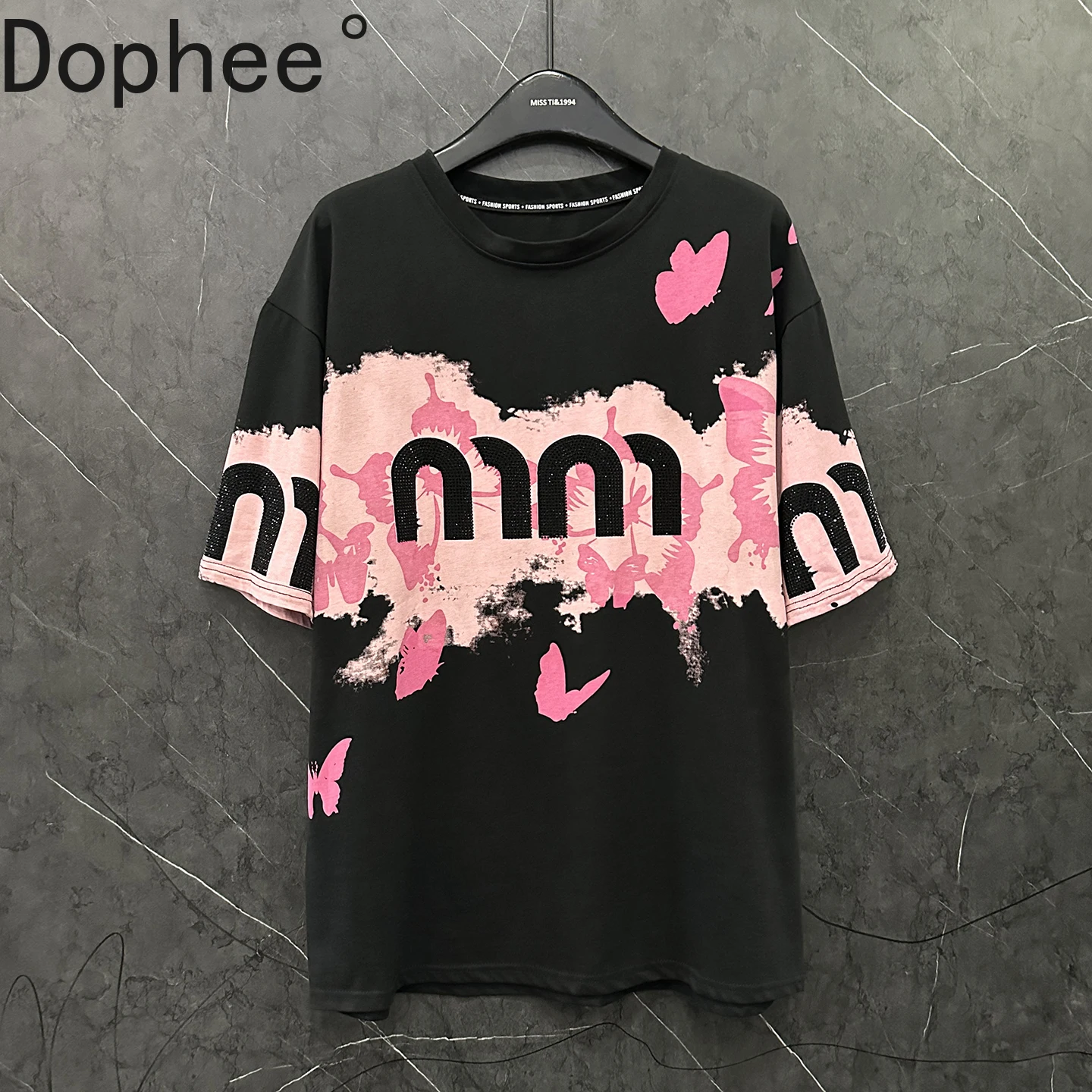 Letters Hot Drilling Butterfly Print Short Sleeve Tees Summer Women All-match Cotton Basic Top Fashion Mid-long Black Casual Top