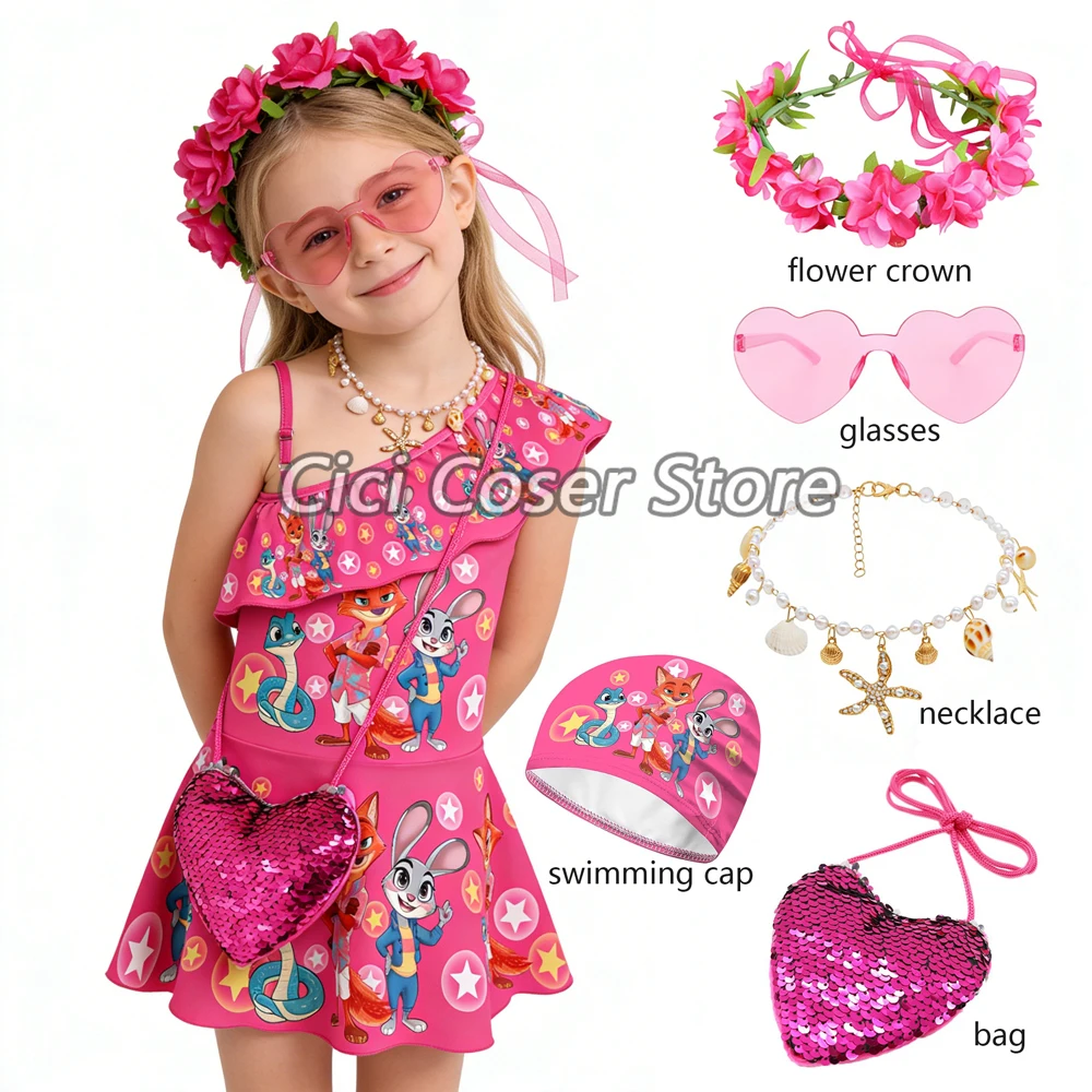 Zoo Officer Judy Fox Nick Cosplay Costume Swimsuit Anime Cartoon Print Summer Beach Vacation Swimwear Bathing Suit For 90-150CM