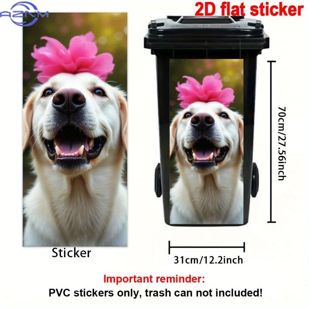 1pc 2D Flat Sticker, Cute Golden Retriever Trash Can Decal with Pink Florals and Smiling Face in Sunlight - Waterproof PVC Sel