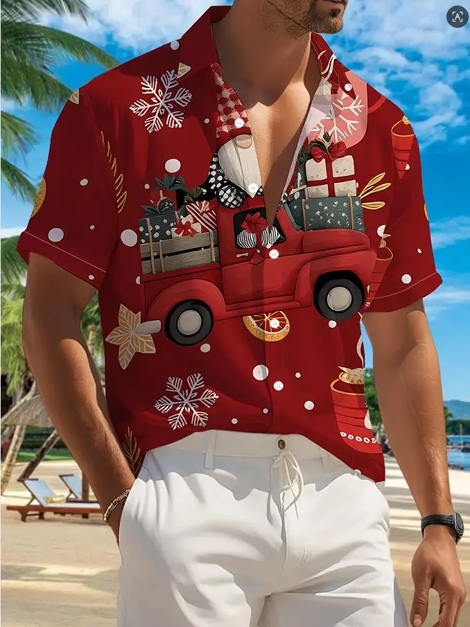 Men Short Sleeve Shirt Christmas Truck Gnome Gift Print Turn Down Collar Casual Holiday Tops Men's Clothing