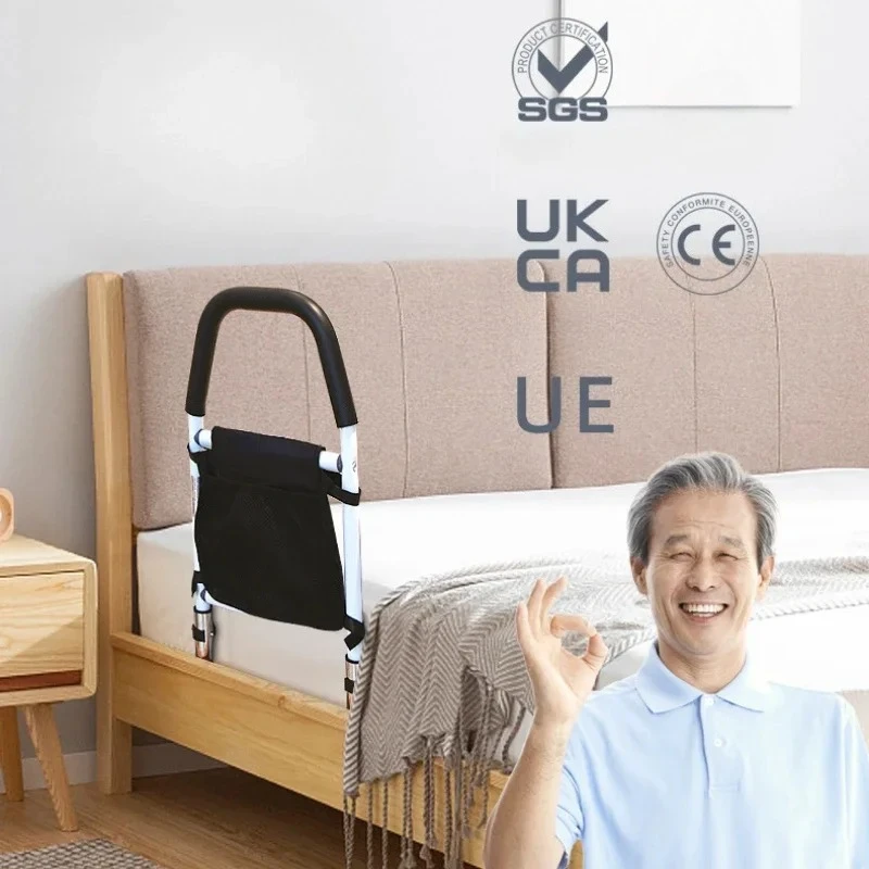炭素鋼滑り止めベッドサイド手すり,ドリルなし,ベッドアシストバー,折りたたみ式スタンド,レール収納,高齢者用ネットポケット