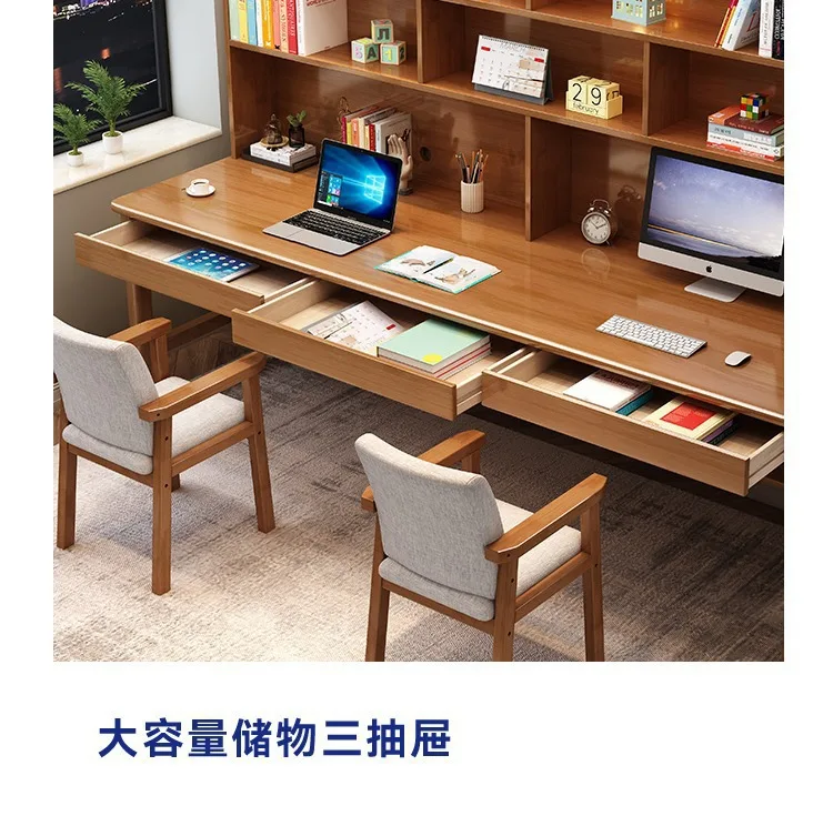 Solid wood double desk bookshelf integrated home study table
