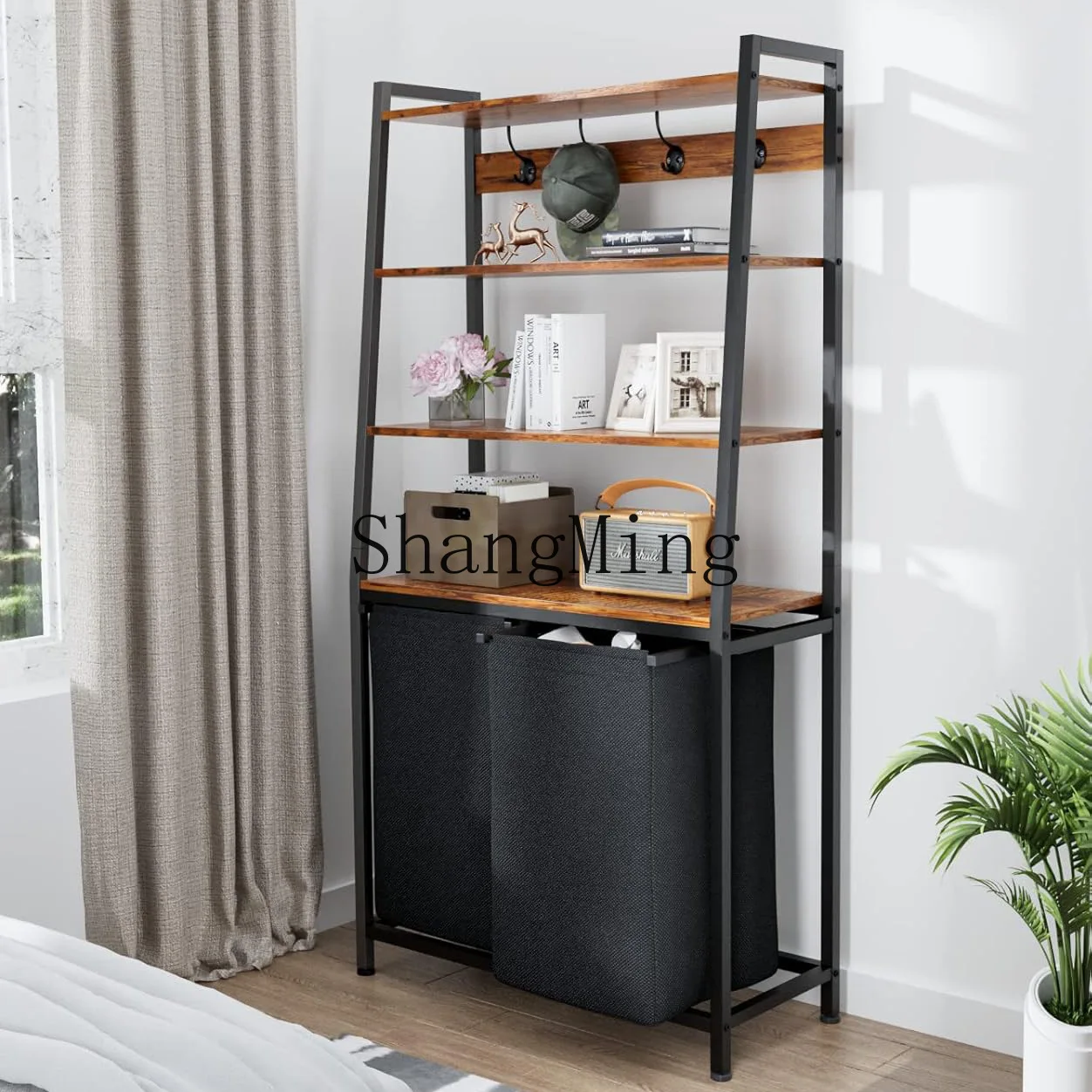 

FG laundry basket with storage rack iron wood combined with laundry multi-layer clothing storage