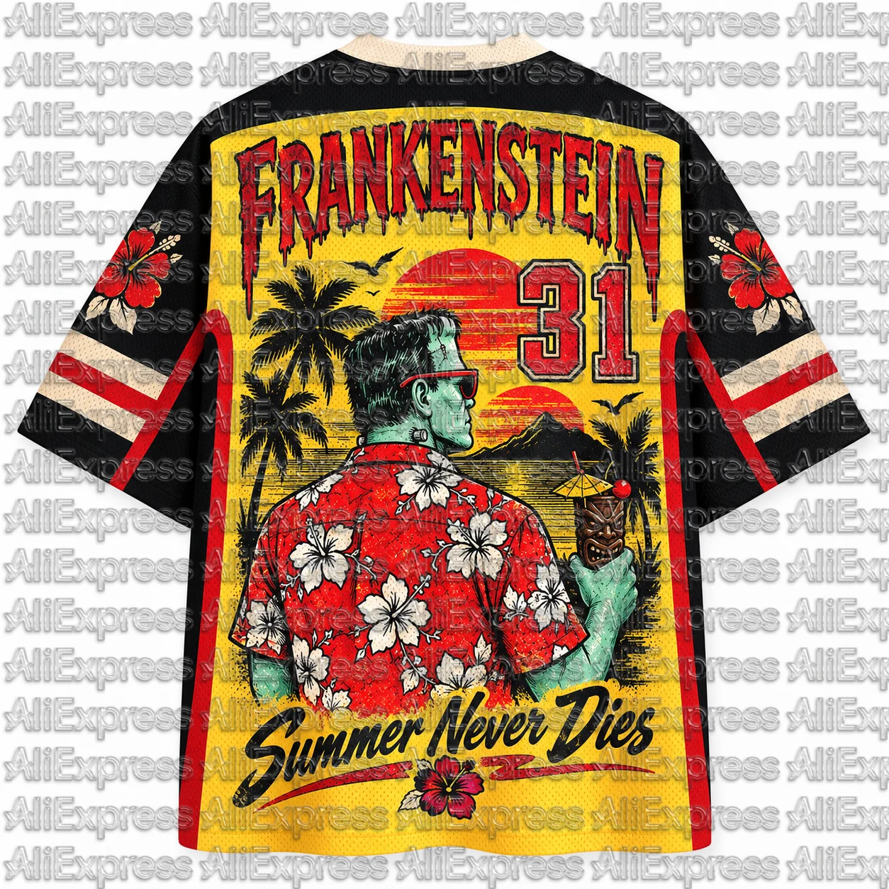 Frankenstein Island Time V Neck Mesh Jersey, Summer Never Dies 31 Number Short Sleeve Sports Tee
