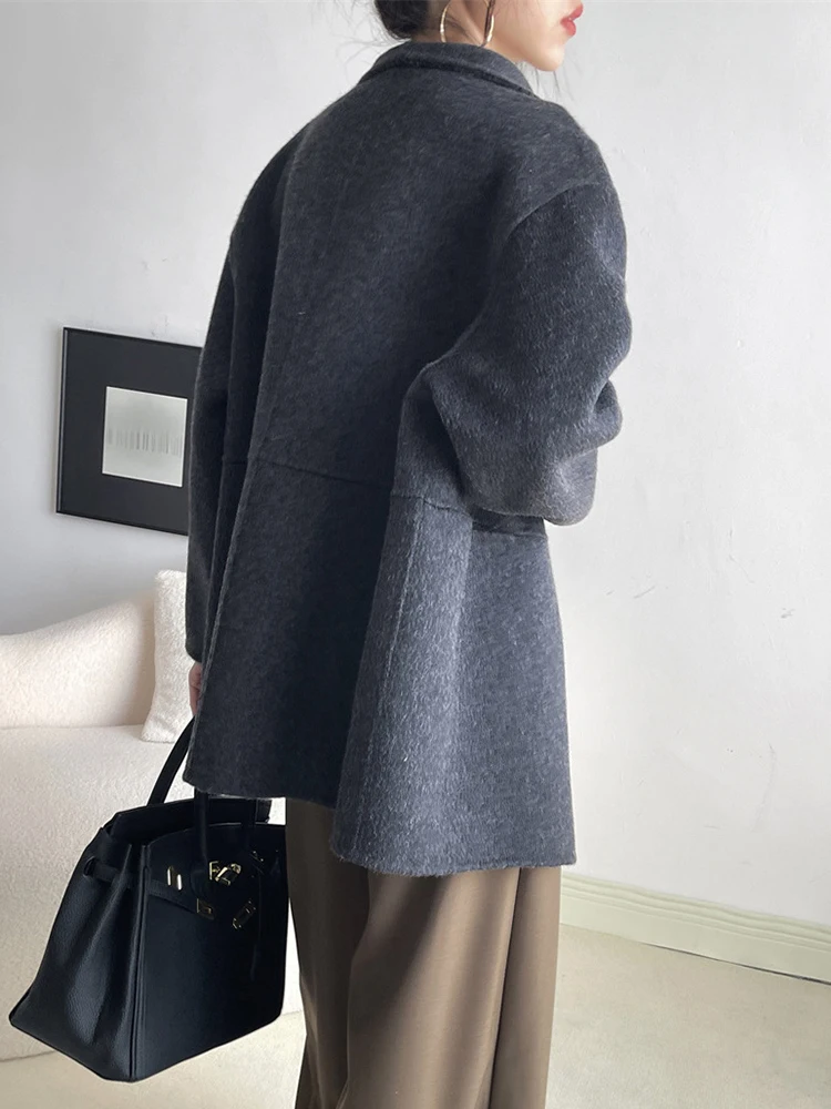 [LANMREM] Irregular Split Design Woolen Coat For Women Stand Neck Single Button Office Lady Warm Outwear 2024 Winter New 26C635