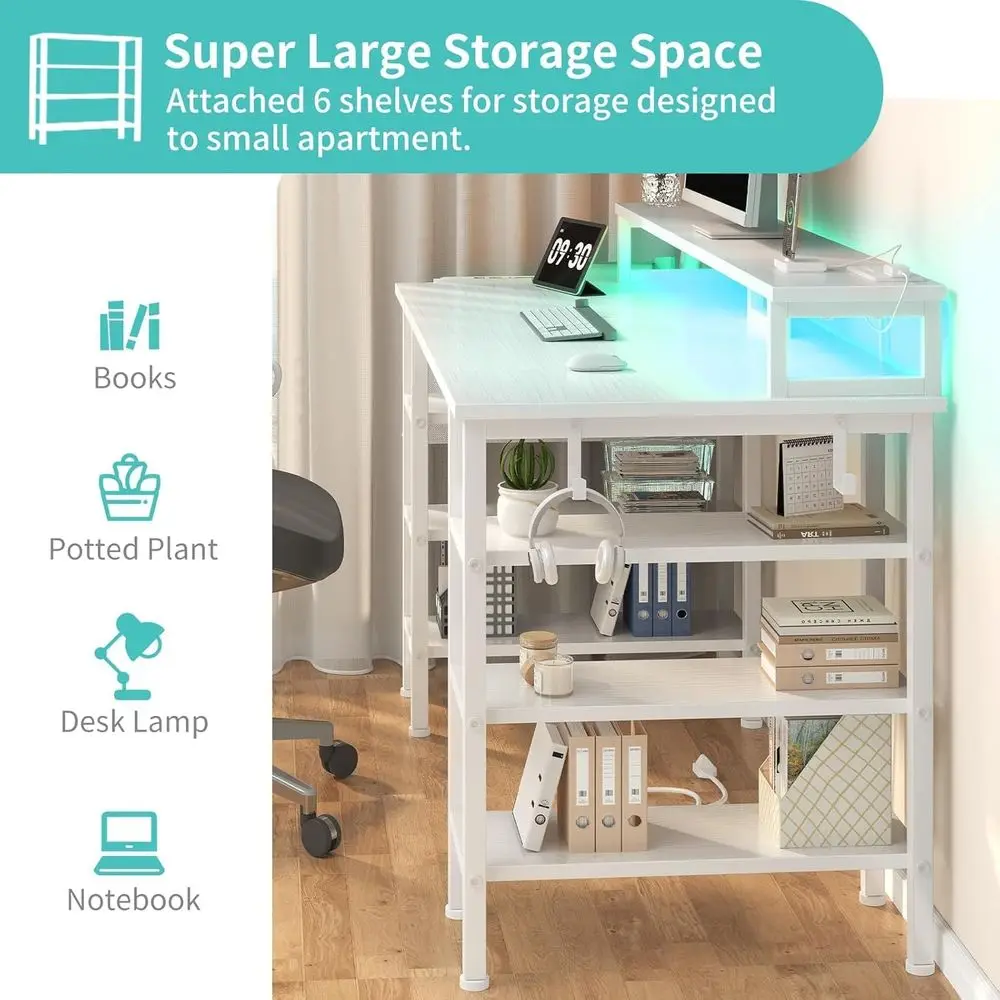 47 مكتب ألعاب للمكتب المنزلي باللون الأبيض مع أرفف تخزين وأضواء LED ومنافذ طاقة #4