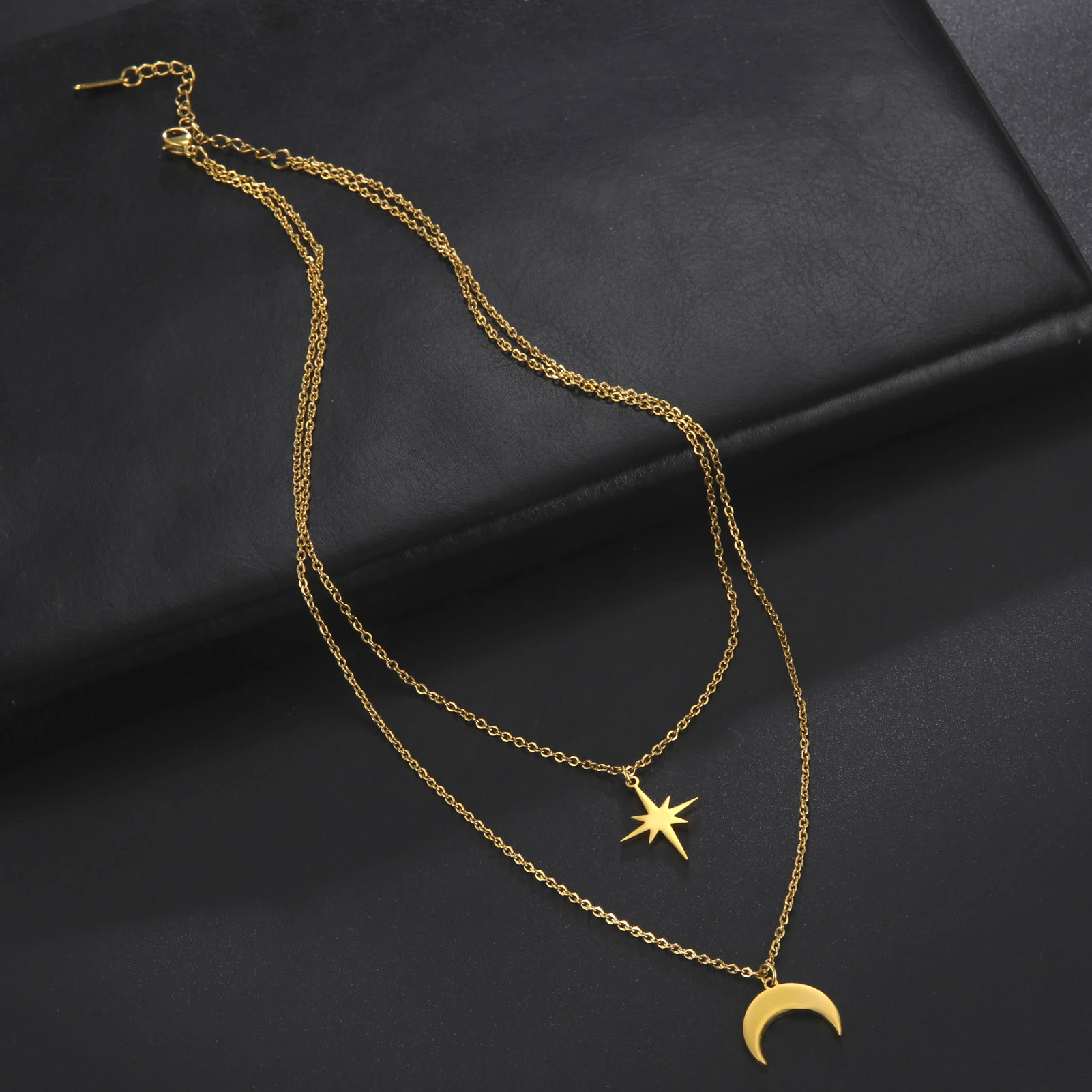 Skyrim Boho North Star Moon Pendant Necklace Stainless Steel Double Layer Clavicle Necklaces Kpop Jewelry Gift for Women Girls