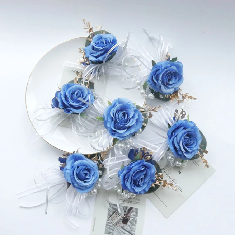 Boutonniere y Corsag de muñeca de estilo occidental, pulsera de busto de fiesta de banquete de invitados, suministros de boda de flores, azul, 198