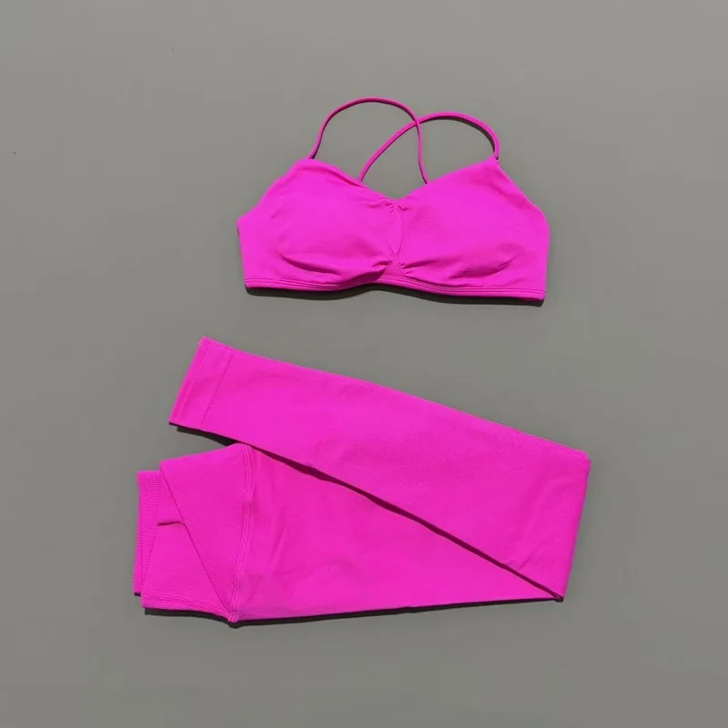 2-teiliges HISTELLO Vision Fitness-Set Nahtloser Cross-Back-BH und Tiefsitzende Rüschen-Leggings Schnelltrocknende Sport-Trainingssets – Detail 10