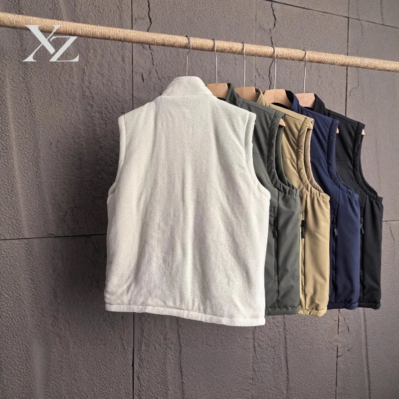 High Quality Men's Reversible Fleece Vest Stand Collar Zip Up Sleeveless Jacket Casual Warm Outerwear with Zipper Pockets
