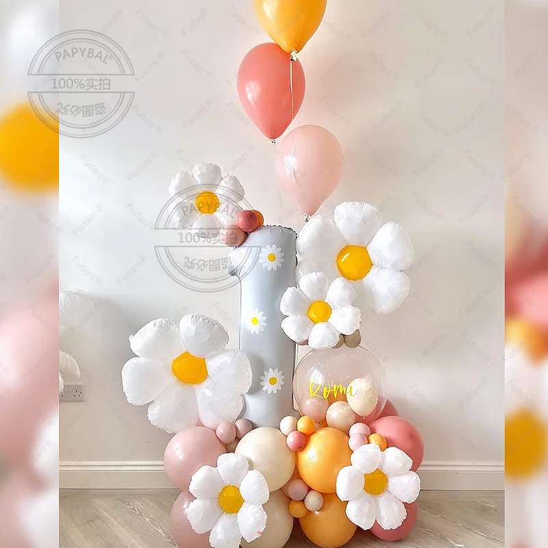 62 teile/satz Macaron Farb serie Thema Nummer 1-9 Gänseblümchen Luftballons weiße Blume Aluminium