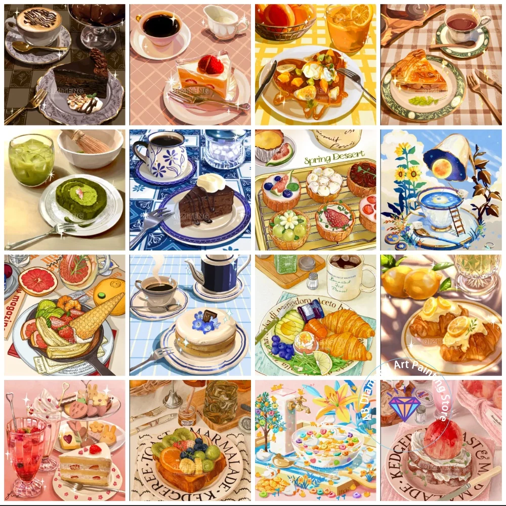 

Cake Dessert AB Diamond Painting Kit Square Round Diamond 5D DIY Food Mosaic Cross Embroidery Handmade Art Gift Home Decoration