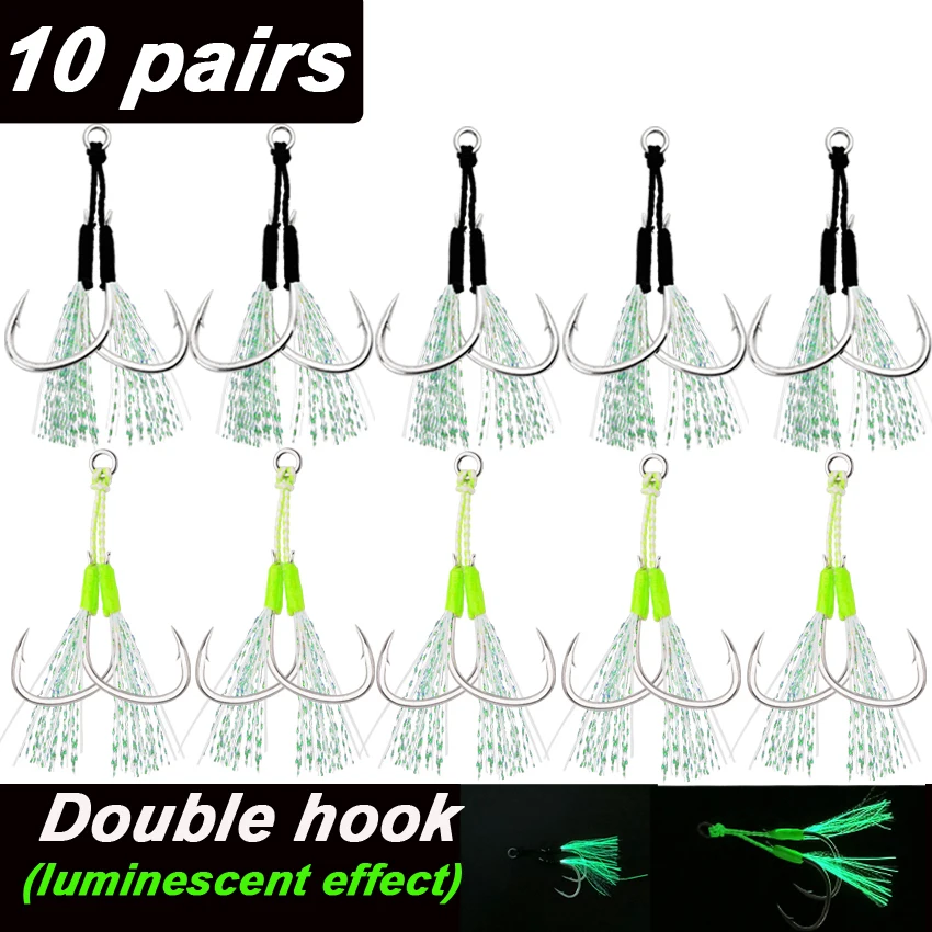 10 Paar Guss-Jig-Assistent-Haken, hochfester Edelstahl, Feder, leuchtende Linie, solider Ring, Jigging-Löffel, Salzwasser-Angelhaken
