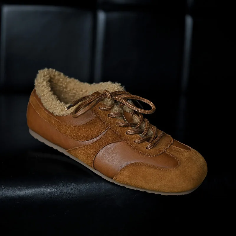 

Зимние женские кроссовки 2029, теплая немецкая тренировочная обувь из коровьей замши, коричневые туфли на плоской подошве с круглым носком и меховой подкладкой на шнуровке Phoentin FT4258