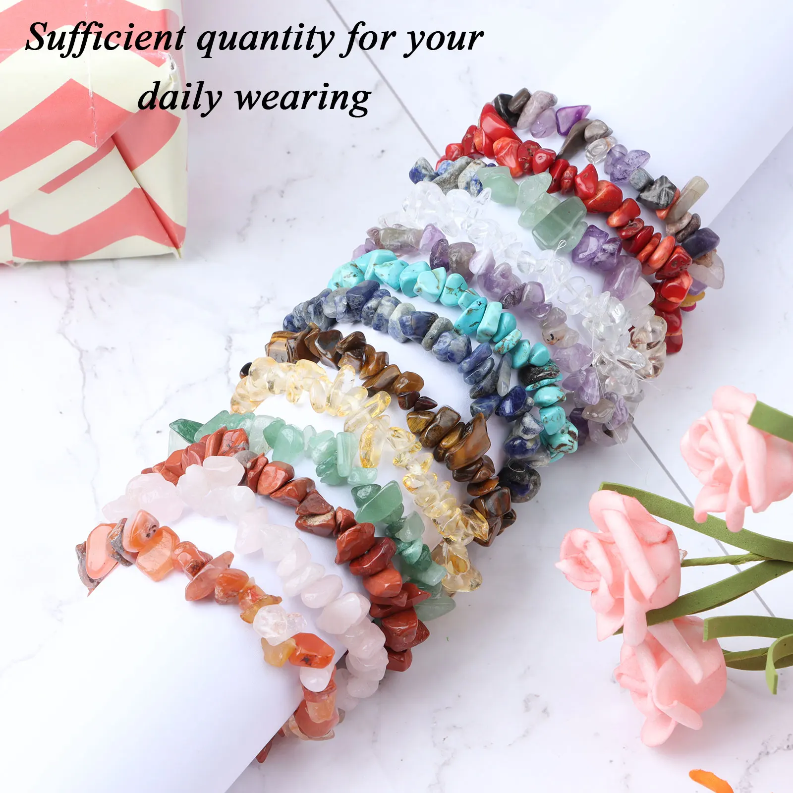 Juego de pulseras de Chip de cristal Irregular, pulseras de piedras preciosas naturales, pulseras elásticas de cristal, cuentas de Chips irregulares, 15 piezas