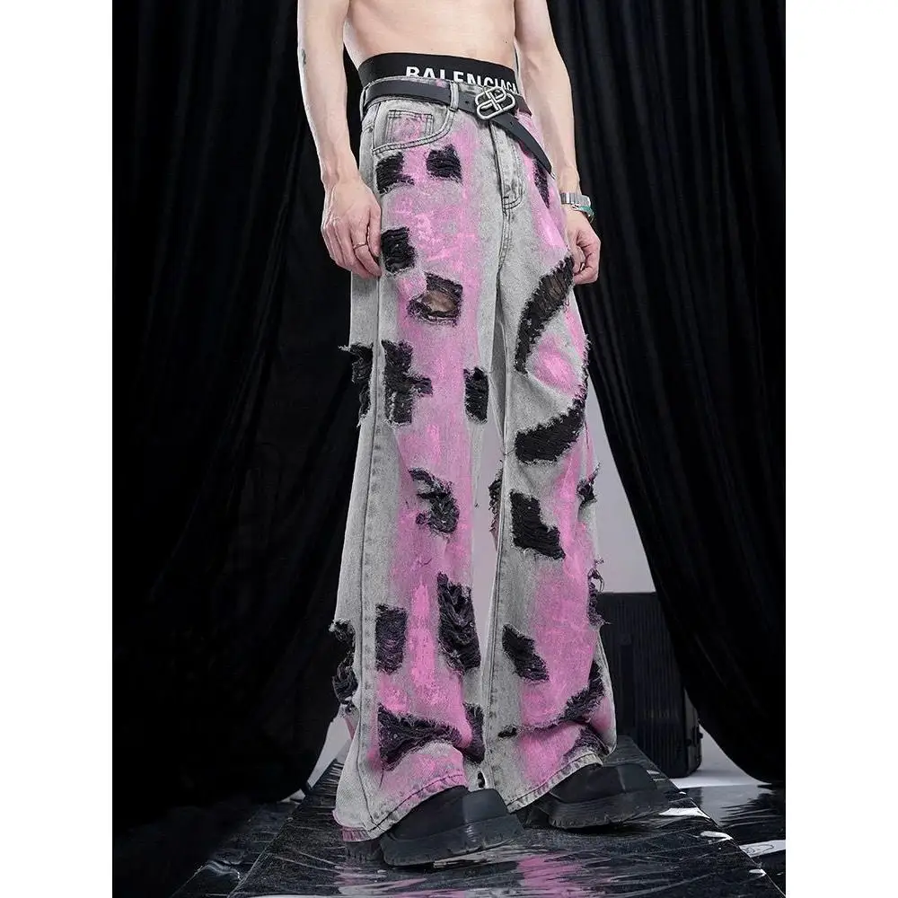 

2025 Autumn New Ripped Jeans Loose and Worn Straight Leg Pants Wide Leg Fashionable and Versatile