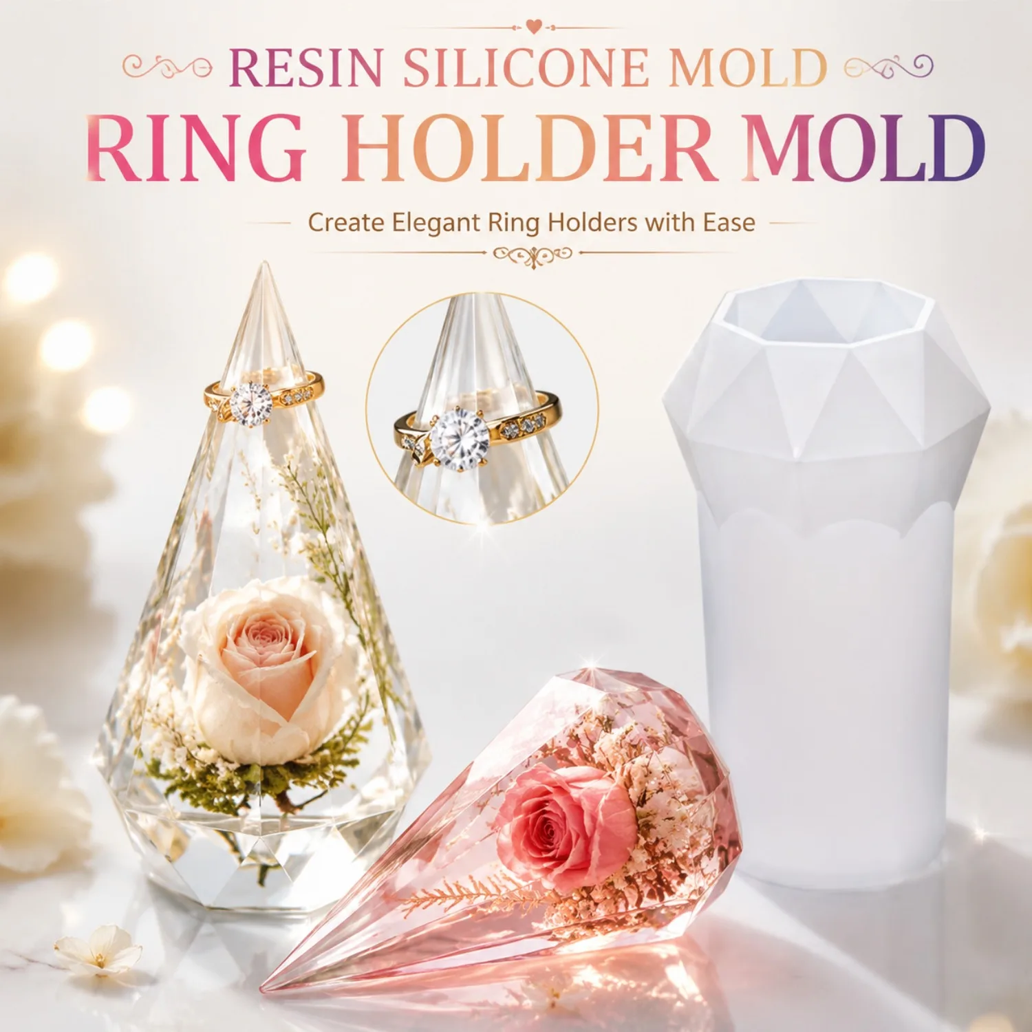 Diamond Cone Ring Base Resin Silicone Moulds, Multi Faceted Pyramid Silicone Moulds for Epoxy Resin Casting, Suitable for Ring Bases, Wedding Decorations, Engagement Gifts, Decorative Home Accessories and DIY Resin Crafts