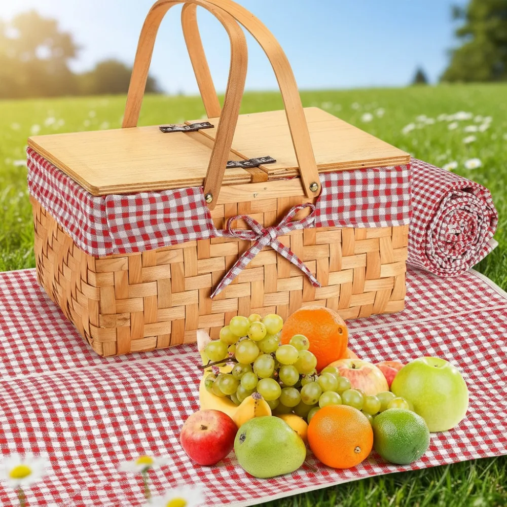 

Handwoven Picnic Basket Set with Waterproof Mat for Outdoor Camping Beach Travel Family Party