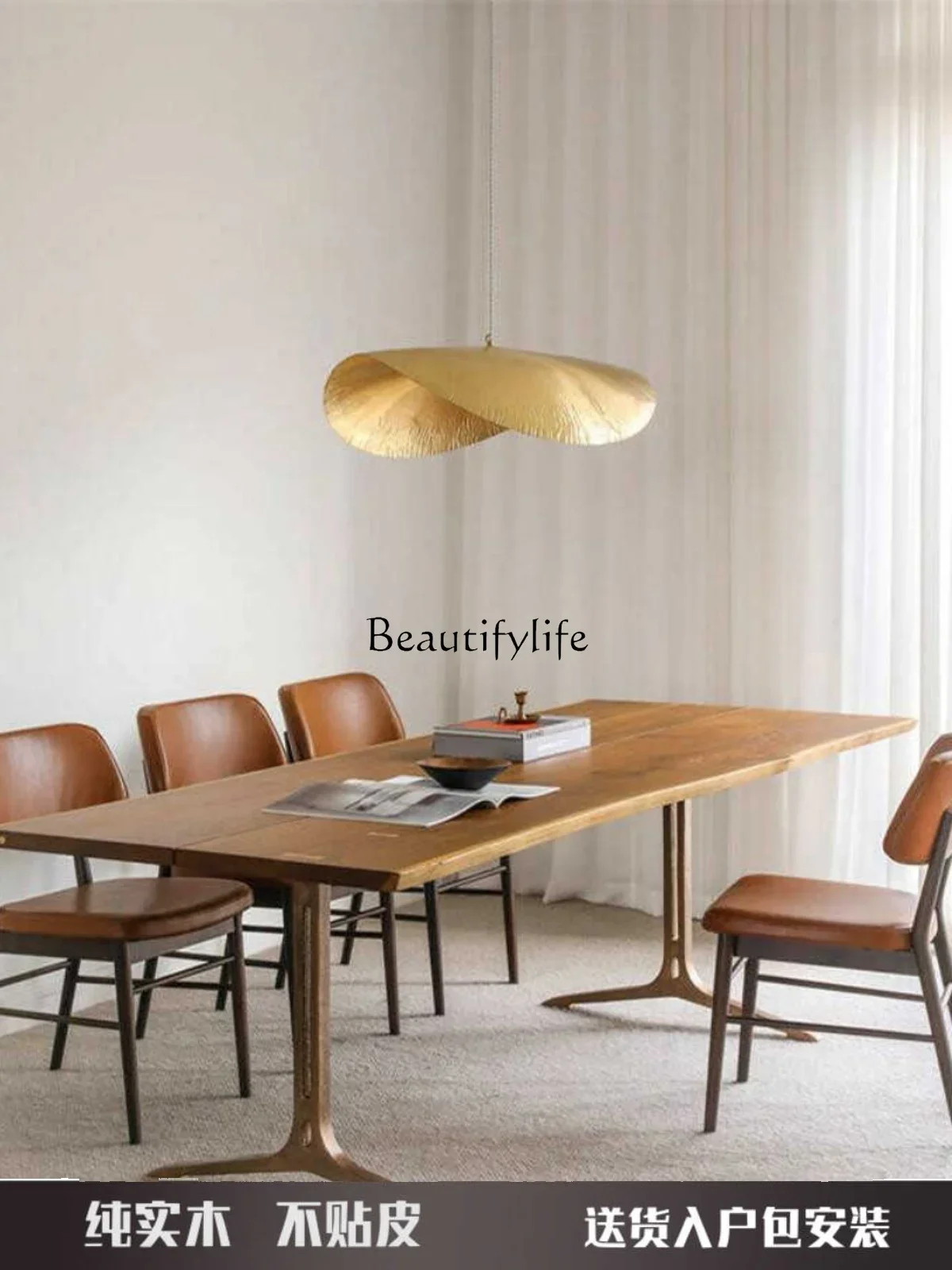 Solid wood ash wood double cast iron desk small household rectangular dining table