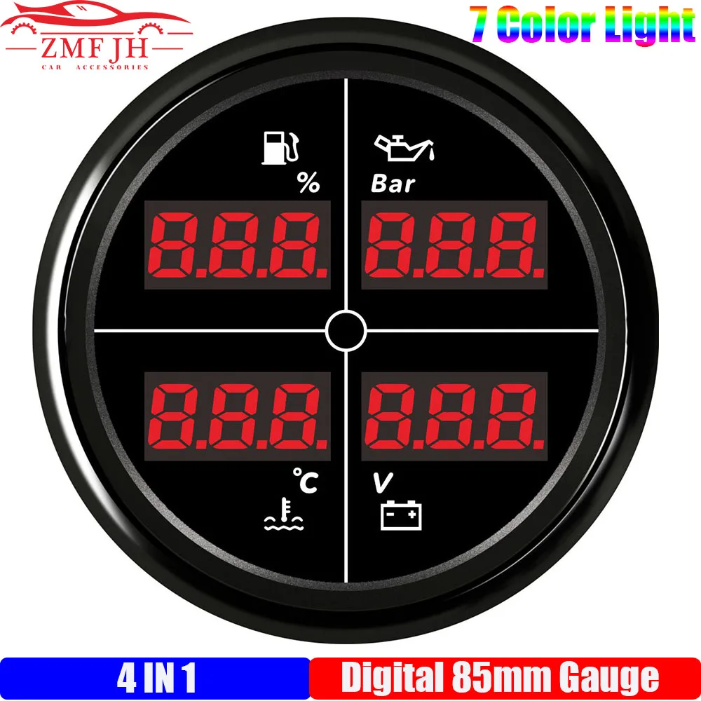 

Digital 85mm Gauge with 7 Color Light 4 IN 1 Fuel Level Gauge+Oil Pressure+Water Temp+Voltmeter for Car Boat Yacht 12V24V custom