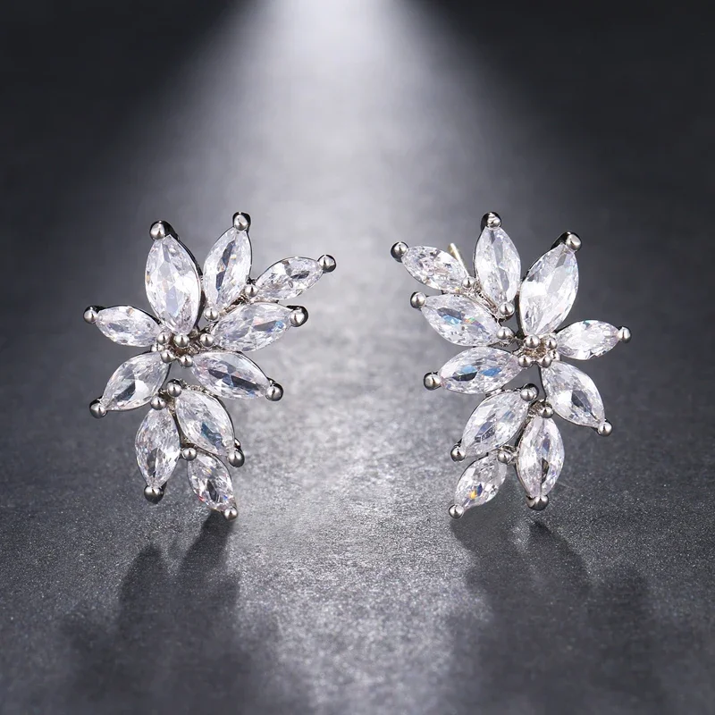 LXOEN Luxury Vintage Women Silver Color Marquise Zircon Stud Earrings for Party Fashion Wedding Studs Jewelry Gifts Joyas Mujer