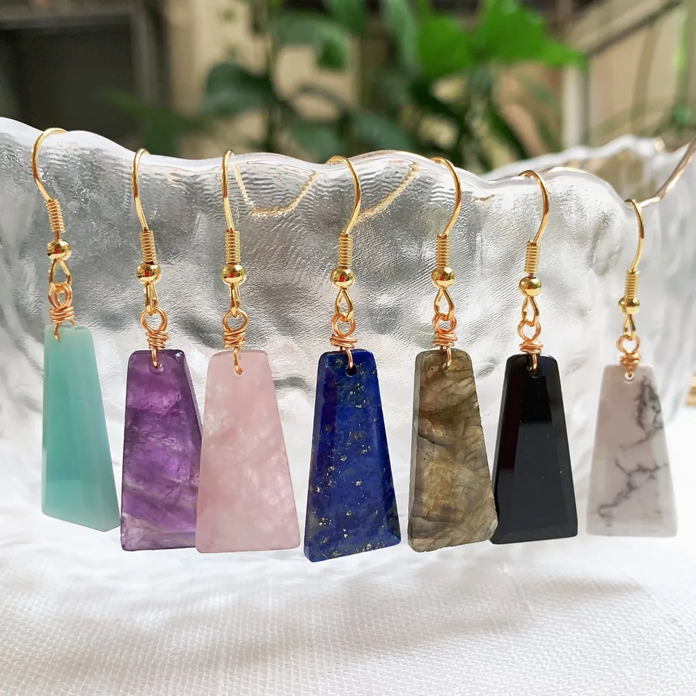 Natural Crystal Stone Earrings for Women Geometric Charm Dangle Shiny Obsidian Amethyst Lapis Pink Purple Crystal Earring Reiki