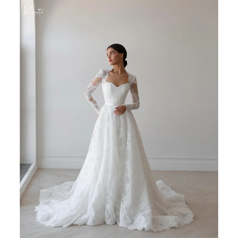 Kyoto Aanpassen Witte Kant Applicaties A-lijn Trouwjurken Sweetheart Lange Mouwen vestidos de novia Lange Trein Avondjurk