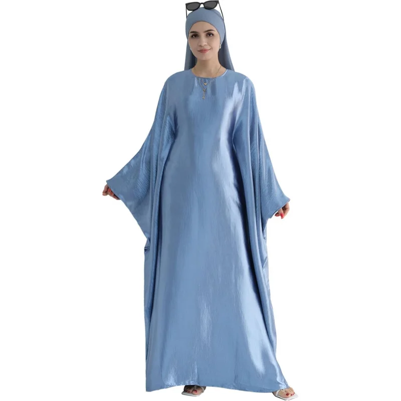 

Abaya Muslim Dress Women Satin Prayer Dress Batwing Long Sleeve Middle East Arabian Robe with Hijab