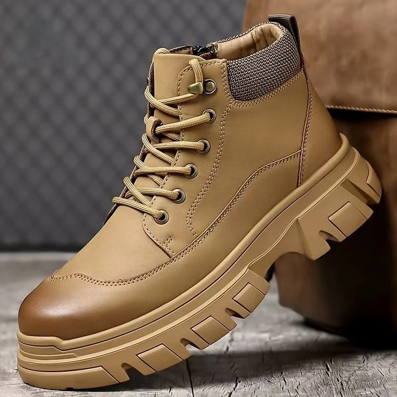 

Men Autumn Winter Genuine Leather Ankle Outdoor Work Boots Thick Sole Non Slip Waterproof Plush Keep Warm Lace Up Cotton Boots