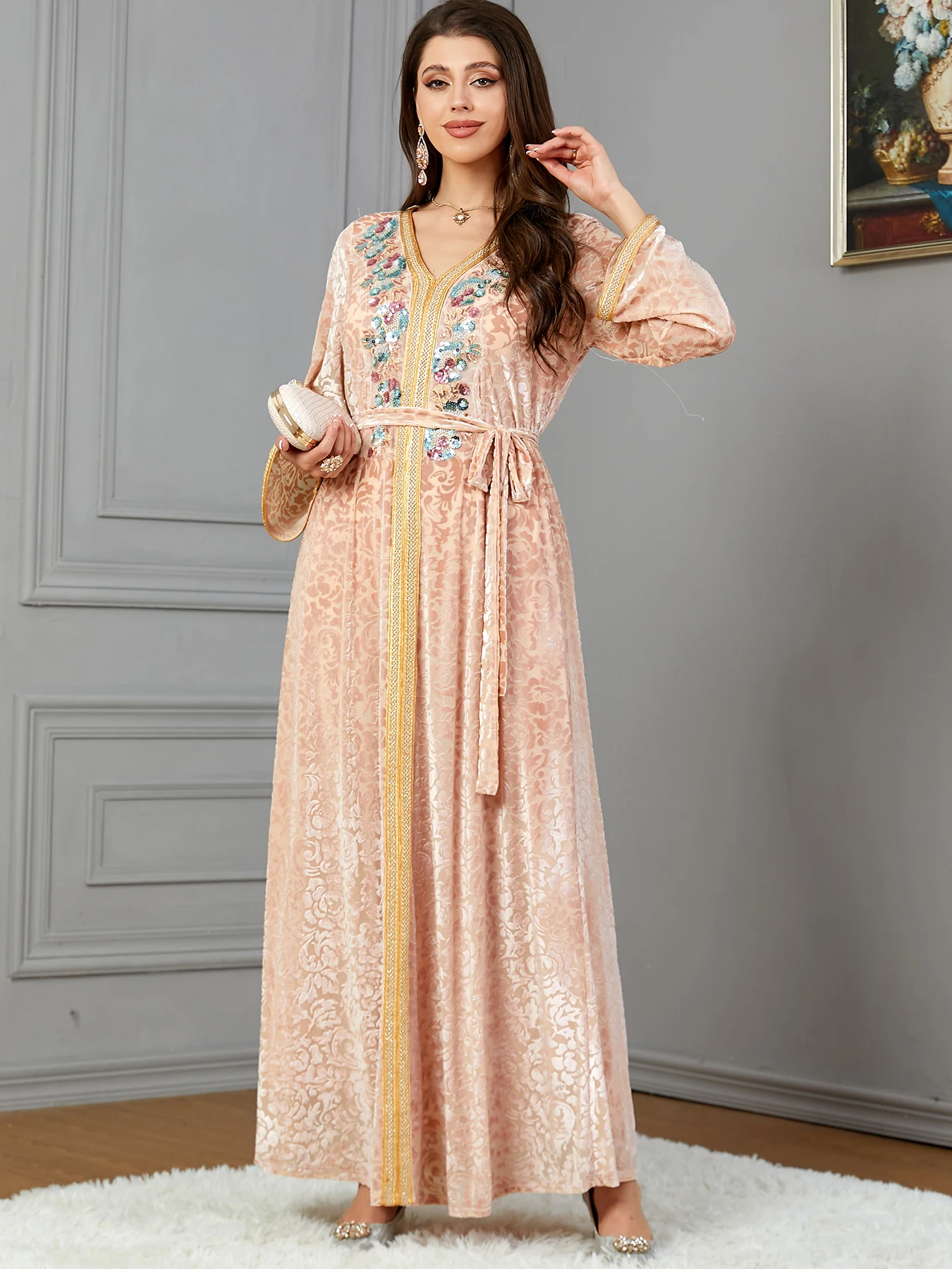 

Autumn Velour Caftan Sequin Jellabiya Evening Party Dubai Moroccan Arabic Dress Turkish Kaftan Winter Muslim Women Abaya Ramadan