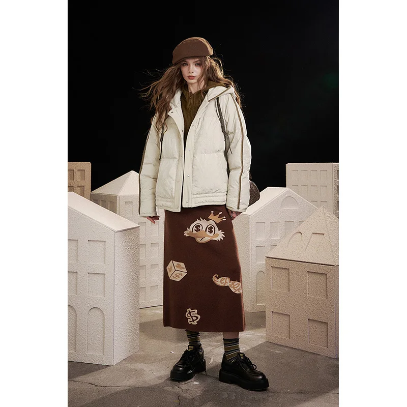 ELFSACK 2024 وصل حديثًا سترة شتوية من جلد البولي يوريثان بغطاء للرأس للنساء، نمط قصير، أكمام راجلان، معطف دافئ