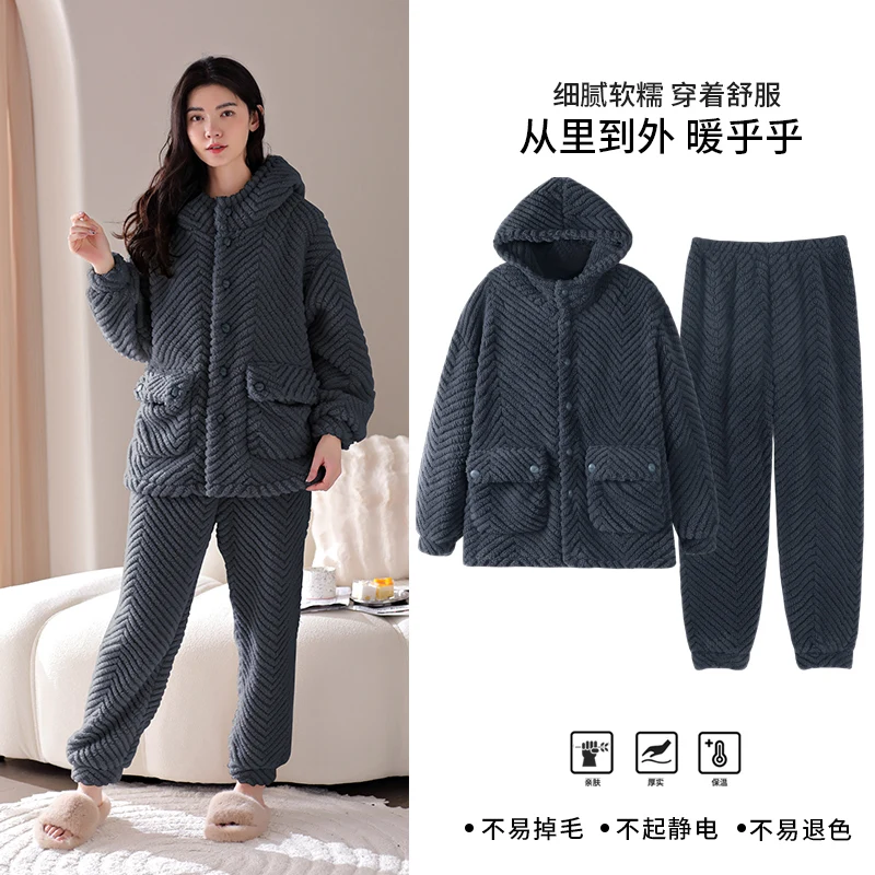 Newest Winter Thick Warm Women Flannel Pajamas Set Female Hooded Home Clothing