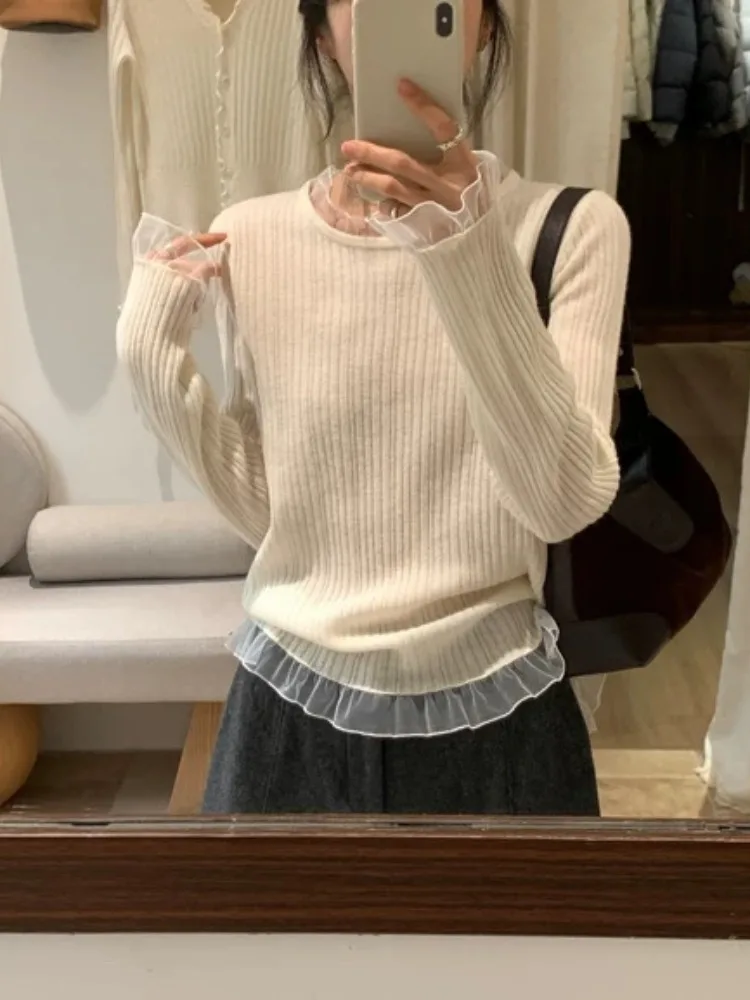 Unico maglione lavorato a maglia Thi da donna autunno inverno con finiture in pizzo Base irt può essere indossato all'esterno Top di fascia alta Dolce Sle...