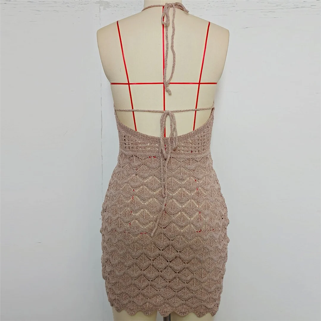 V-Ausschnitt, halterneck, rückenfrei, einfarbig, gehäkelt, gestrickt, Tunika, Strandkleid, Strandmode, Damen V8516 – Detail 14
