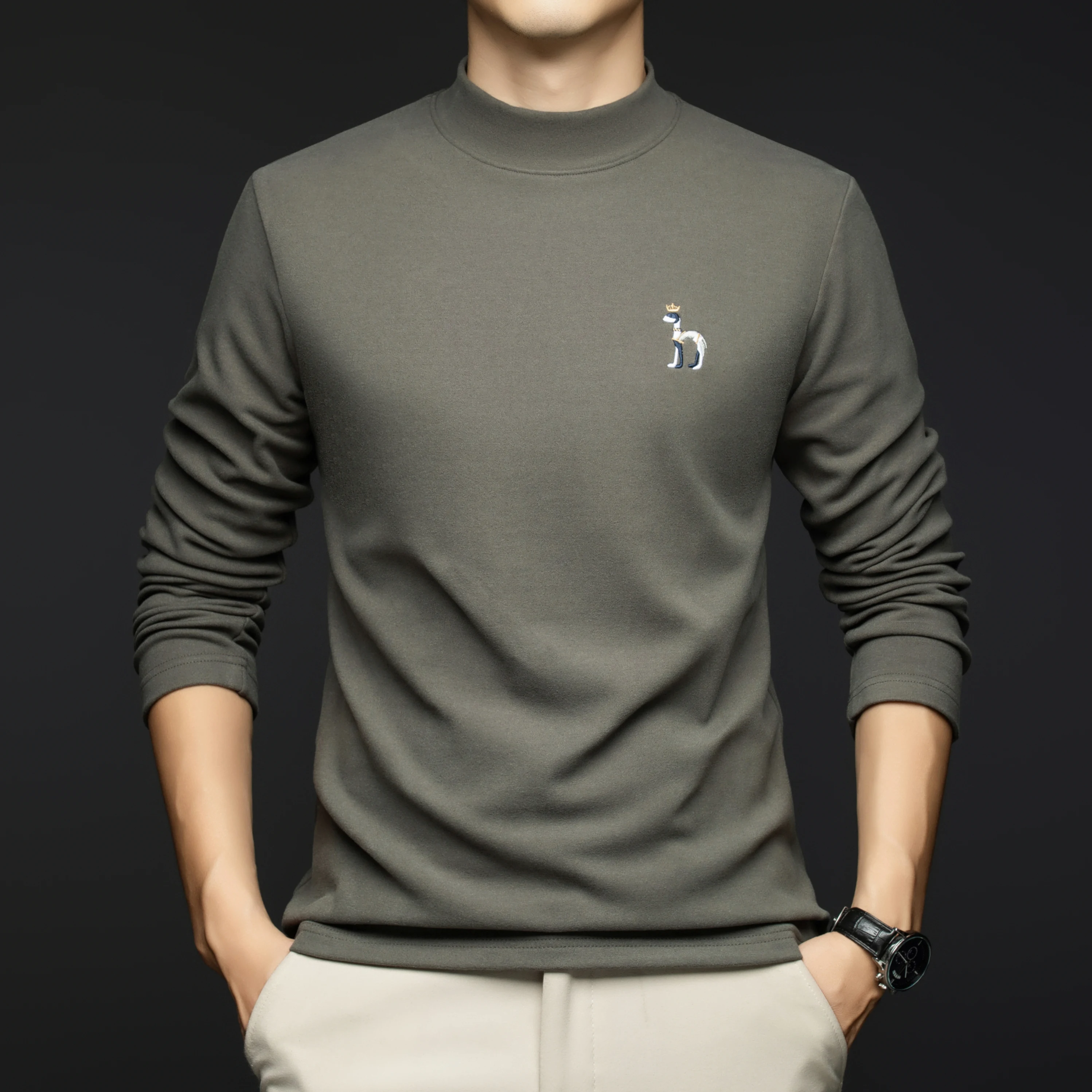 

Высококачественные теплые бархатные топы, мужские двусторонние флисовые толстые базовые футболки, мужская модная бархатная футболка с вышивкой и длинными рукавами