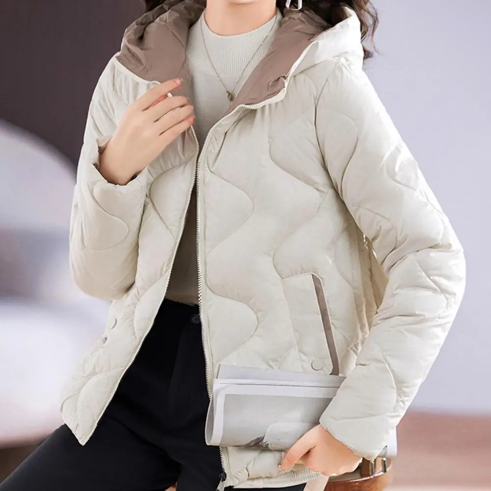 Winter Lady Down Coat Solid Color Long Sleeves Hooded Padded Coat Thicken Neck Zip up Outdoor Cotton Coat With Pocket