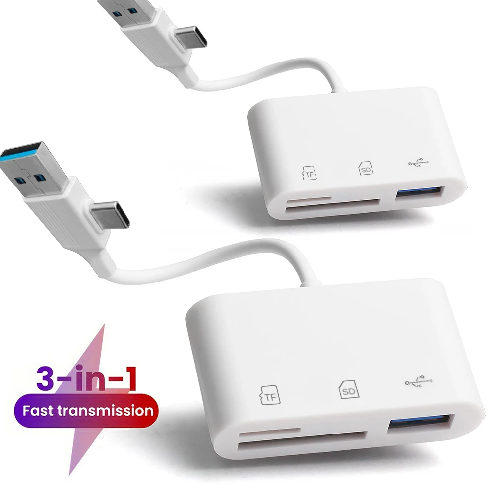 

3-in-1 OTG Card Reader USB A/C to SD/TF/USB Adapter for iPhone 16/15, PC Laptop Samsung Xiaomi High-Speed Data Transfer